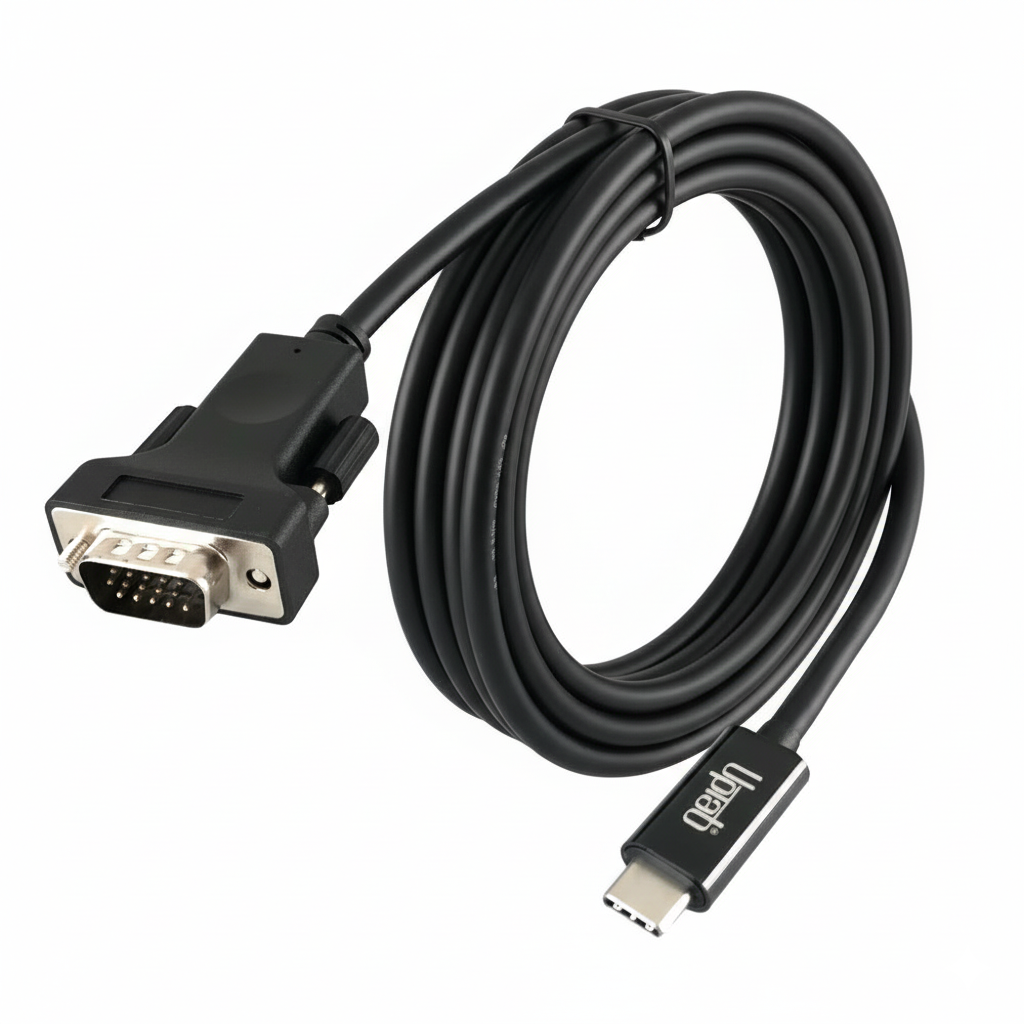 UPTab Black cable with one end featuring a VGA connector and the other end featuring a USB-C connector on a white background.