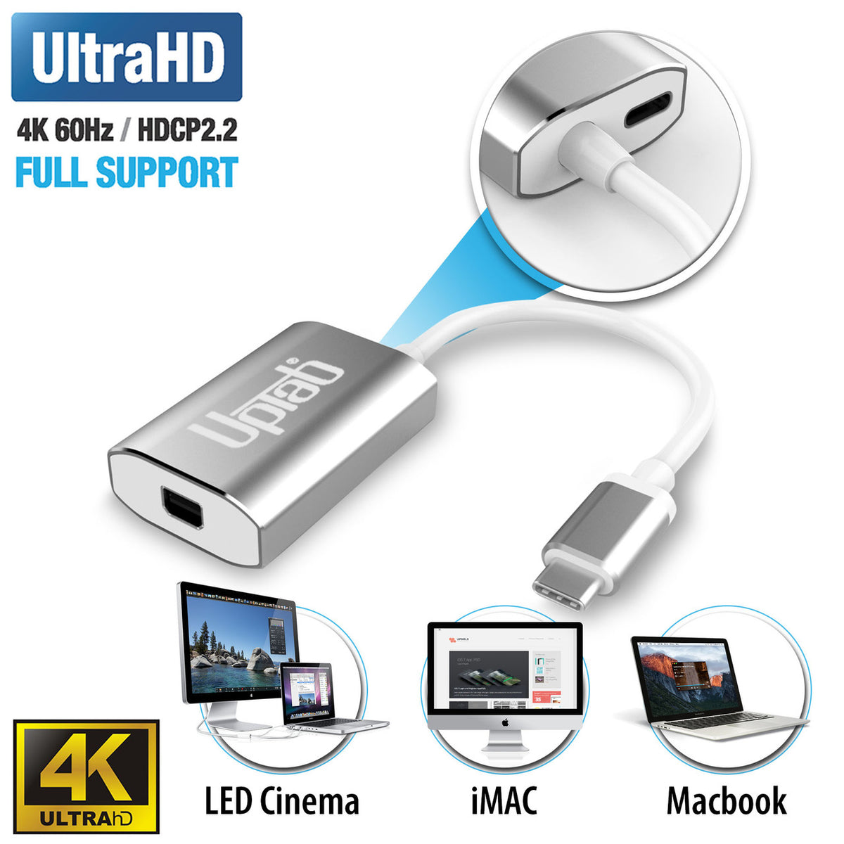 UPTab USB-C (Type C) to Mini DisplayPort Adapter 4K@60Hz - Silver - Power Delivery Port