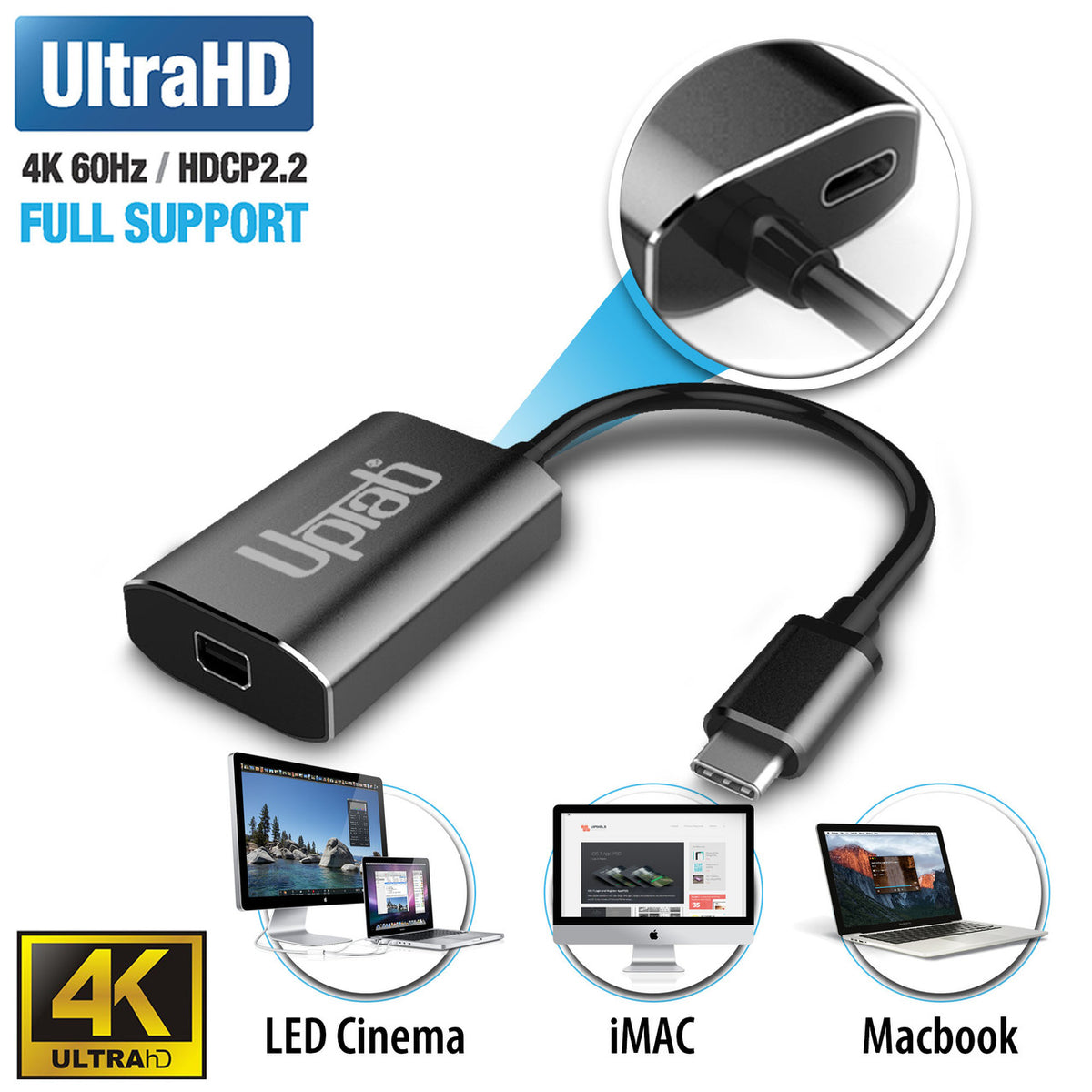 Side view of UPTab USB-C to Mini DisplayPort Adapter – Graphite, highlighting its compact design, durable build, and high-speed performance for professional use.