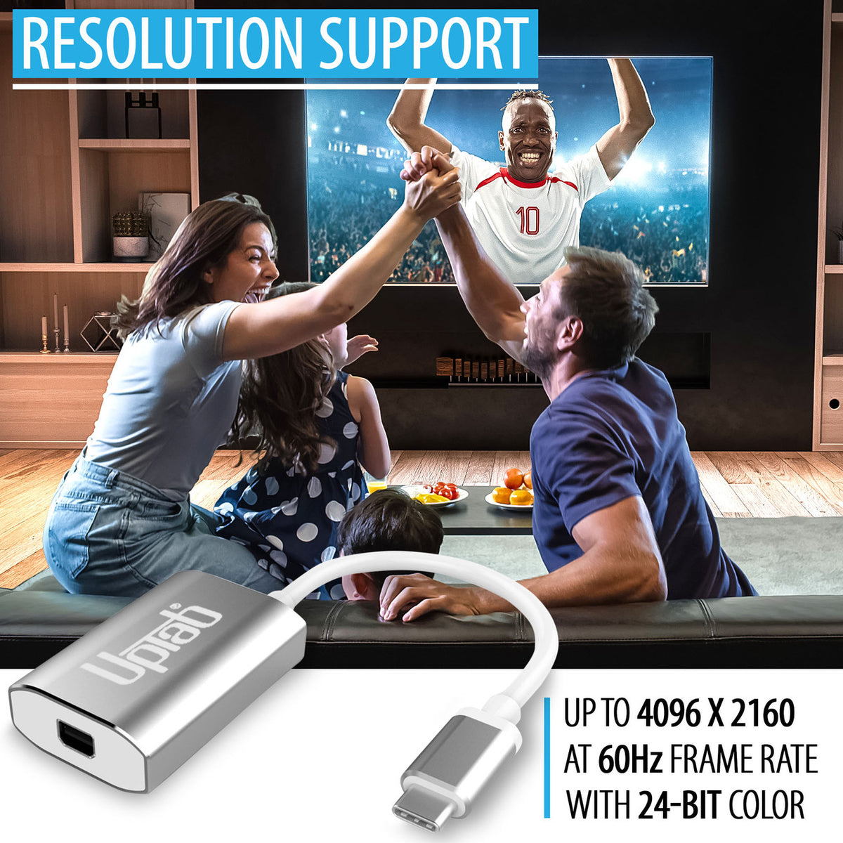 Side view of UPTab USB-C to Mini DisplayPort Adapter – Silver, highlighting its sleek, durable design and high-speed connectivity features.