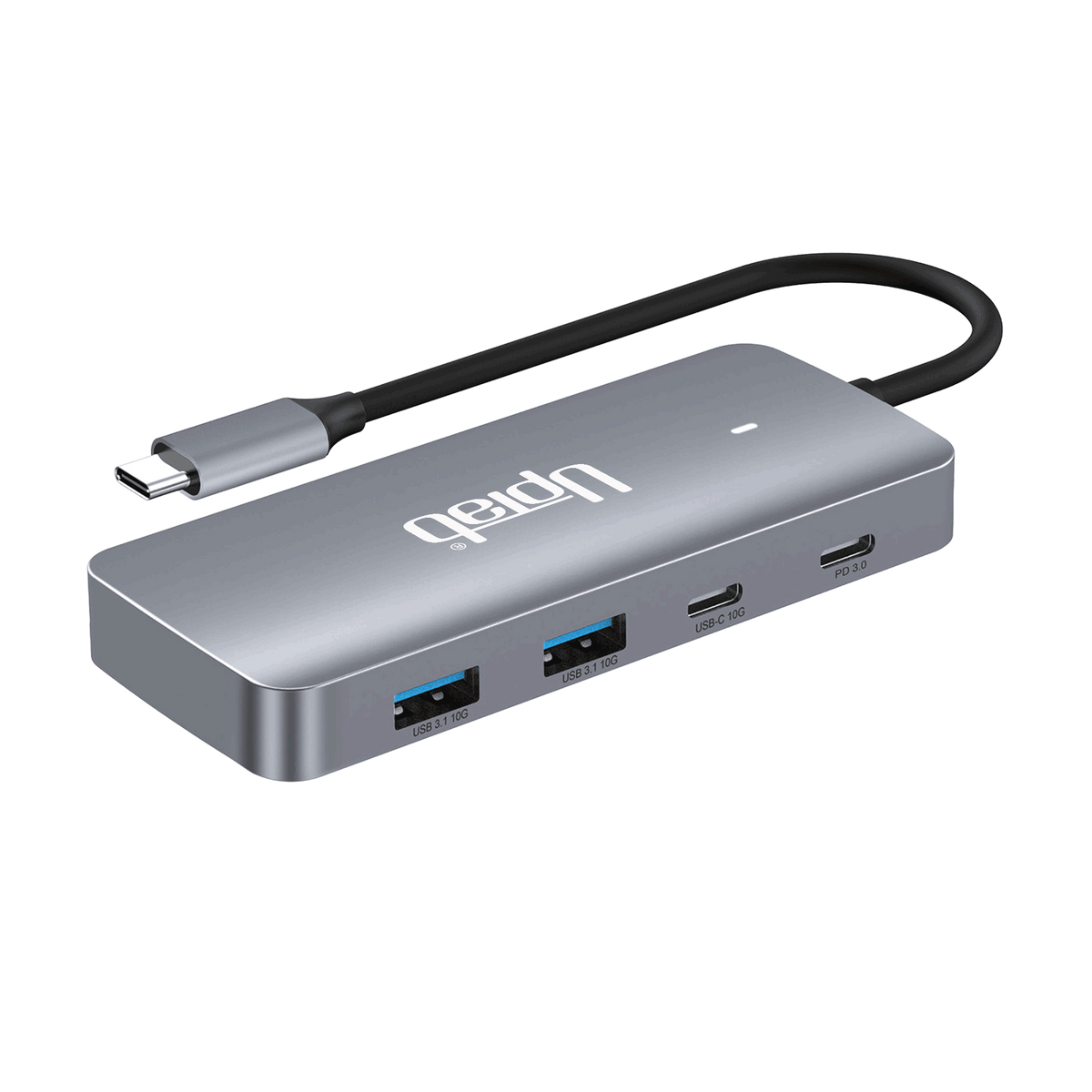 UPTab USB-C Docking Station connected to laptop with dual 8K monitors, Ethernet, and USB devices – 100W power delivery and 10Gbps speed