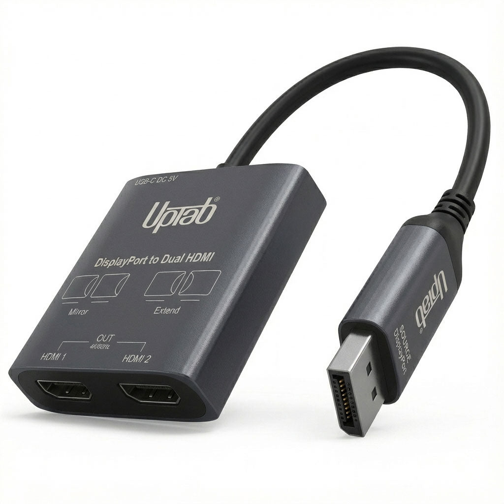 UPTab DisplayPort to Dual HDMI adapter with Uptab branding on a white background