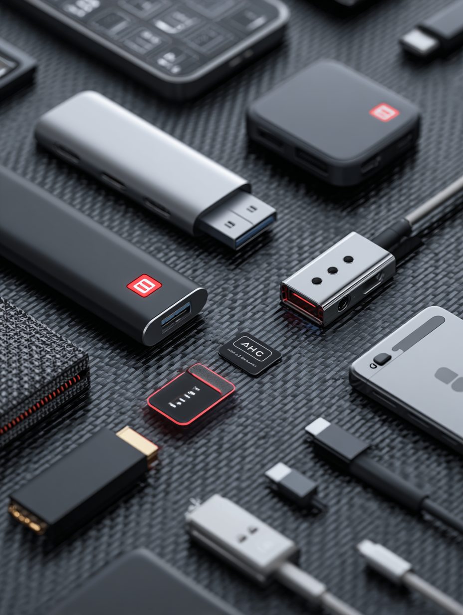 Collection of electronic connectors and adapters on a textured surface