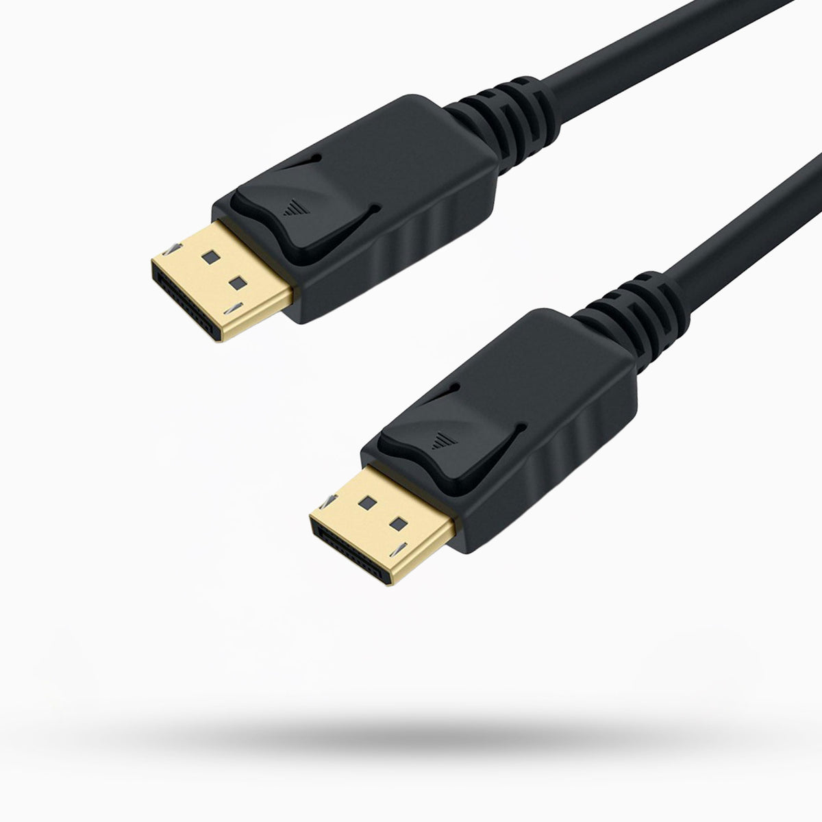 Black DisplayPort cable with gold connectors on a white background