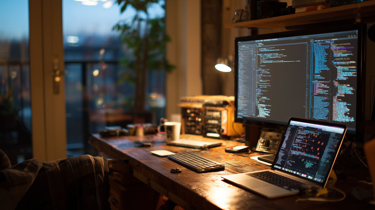 Dark office desk with computer monitors and a laptop displaying code.