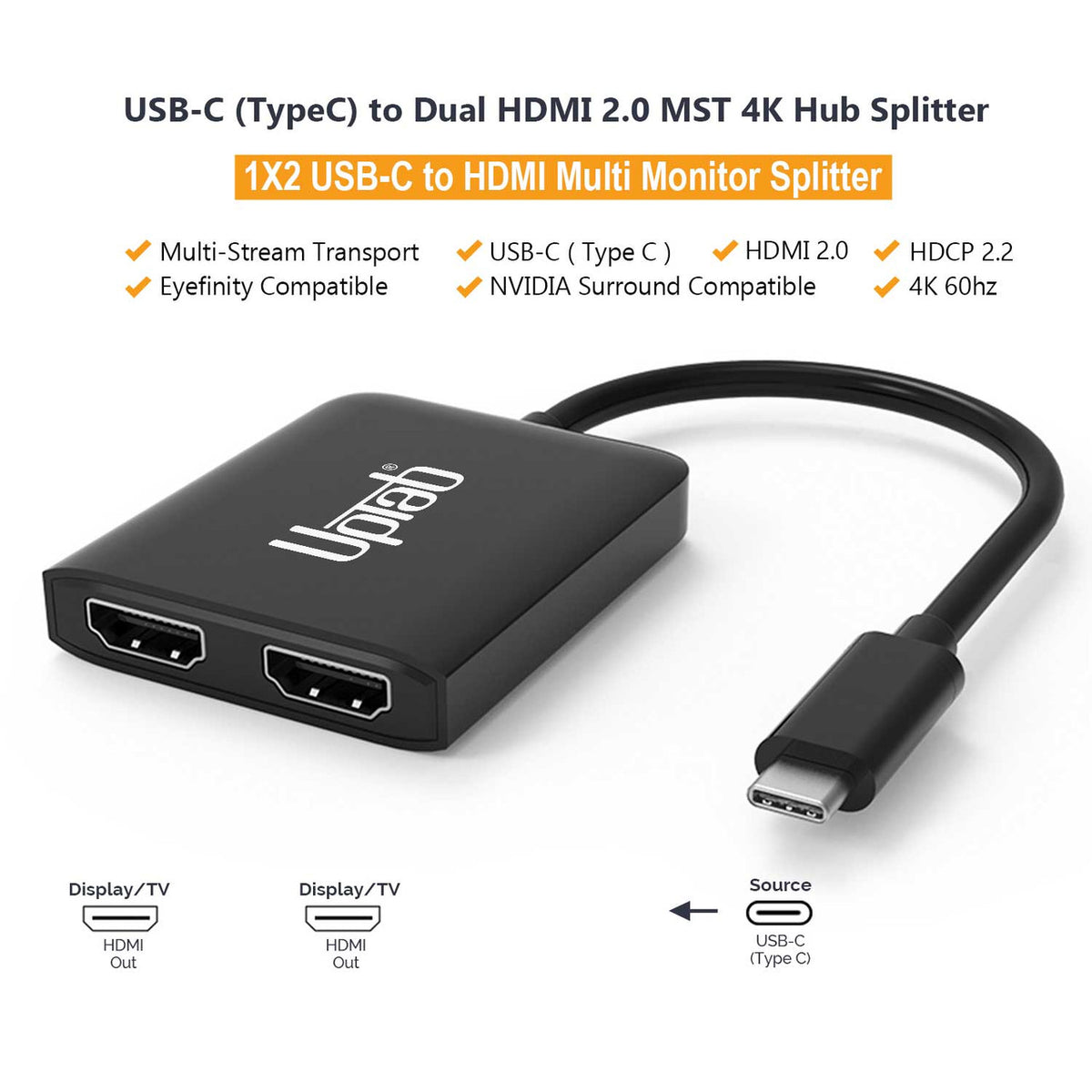 UPTab USB-C to Dual HDMI 2.0 4K 60Hz Adapter