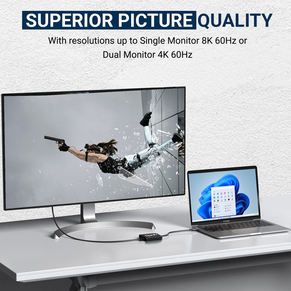 UPTab USB-C to Dual DisplayPort Adapter in action – Connecting a laptop to dual 8K displays with smooth video output and HDR support.