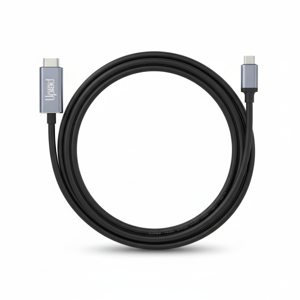Black cable with silver connectors on a white background