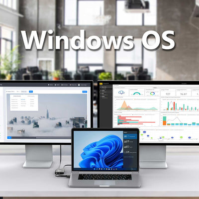 UPTab Mini DisplayPort to Dual HDMI Adapter connected to a laptop, enabling dual 4K 60Hz monitors for enhanced productivity and entertainment.
