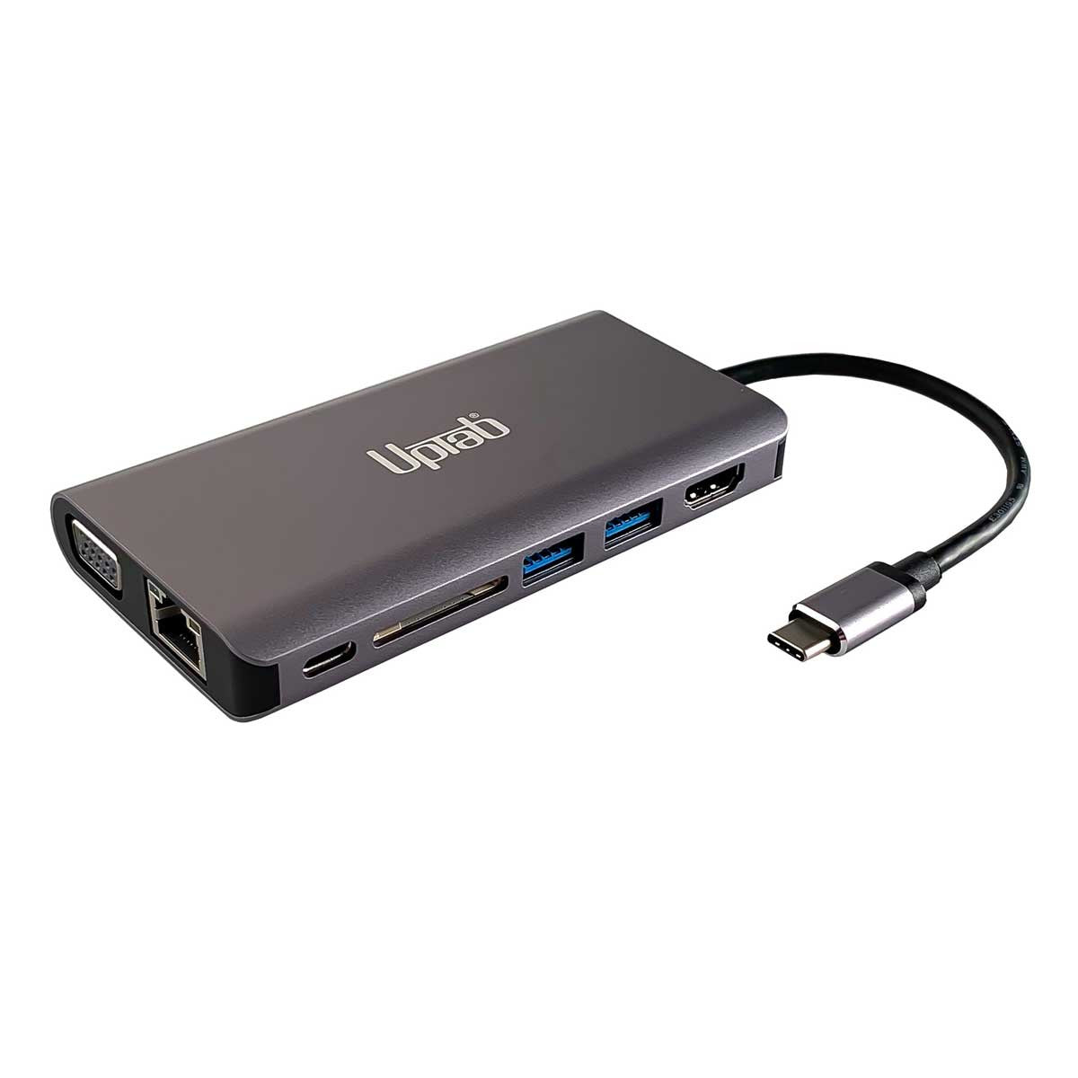 Gray USB hub with multiple ports on a white background