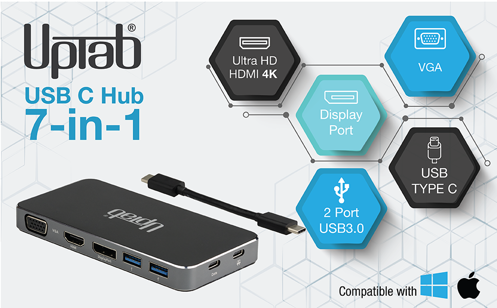 Uptab USB C Hub 7-in-1 with connectivity icons on a white background
