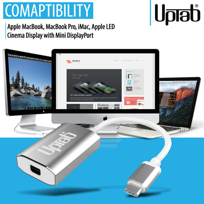 UPTab USB-C to Mini DisplayPort Adapter in use, connecting a MacBook to an external monitor with 4K HDR support for vibrant visuals.