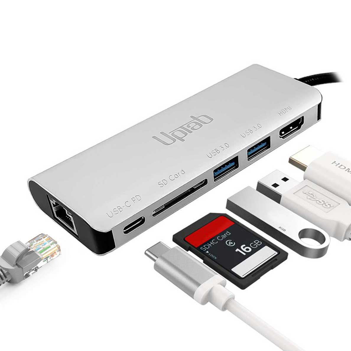 UPTab USB-C to HDMI 4K, 2 USB 3.0, Card Reader, USB-C PD and Gigabit Ethernet Adapter - Ports