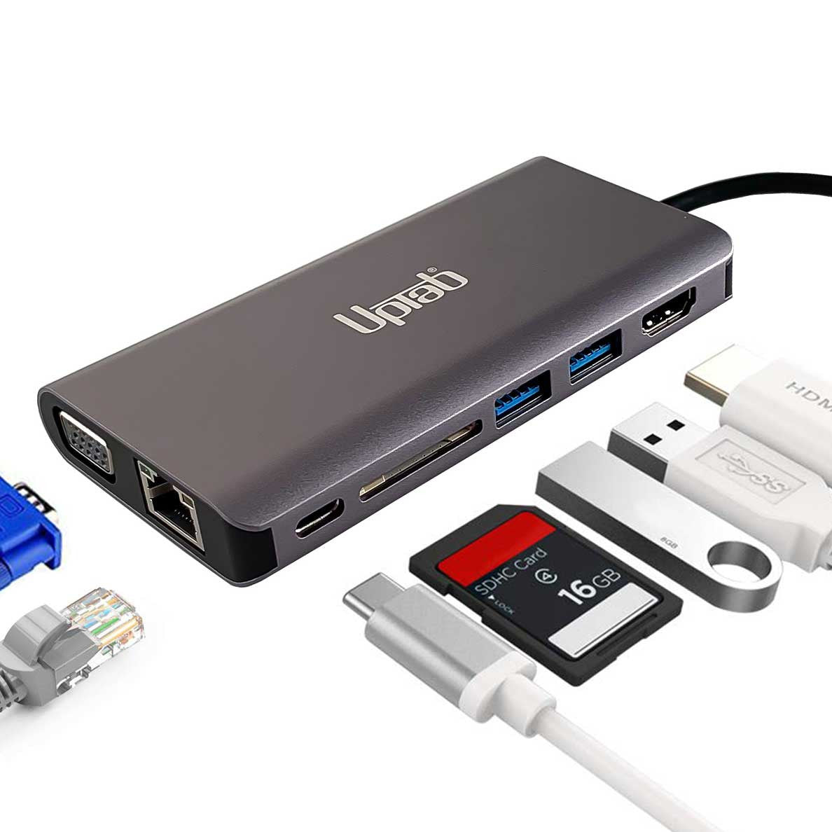 Multifunctional USB hub with various connectors on a white background