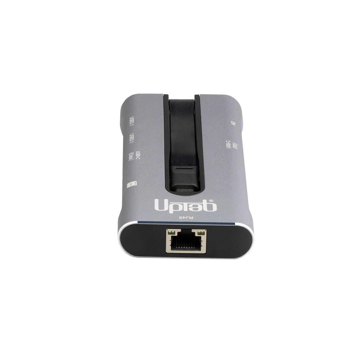 Gray electronic device with 'Uptab' branding on a white background